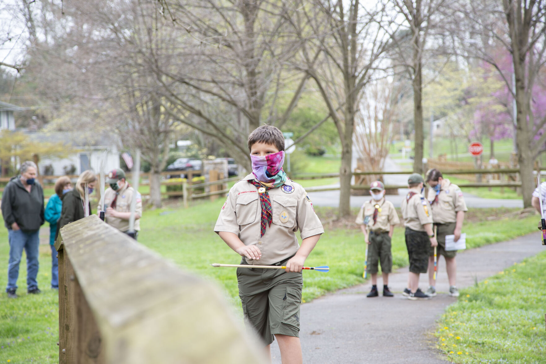 Boy Scouts over bridge